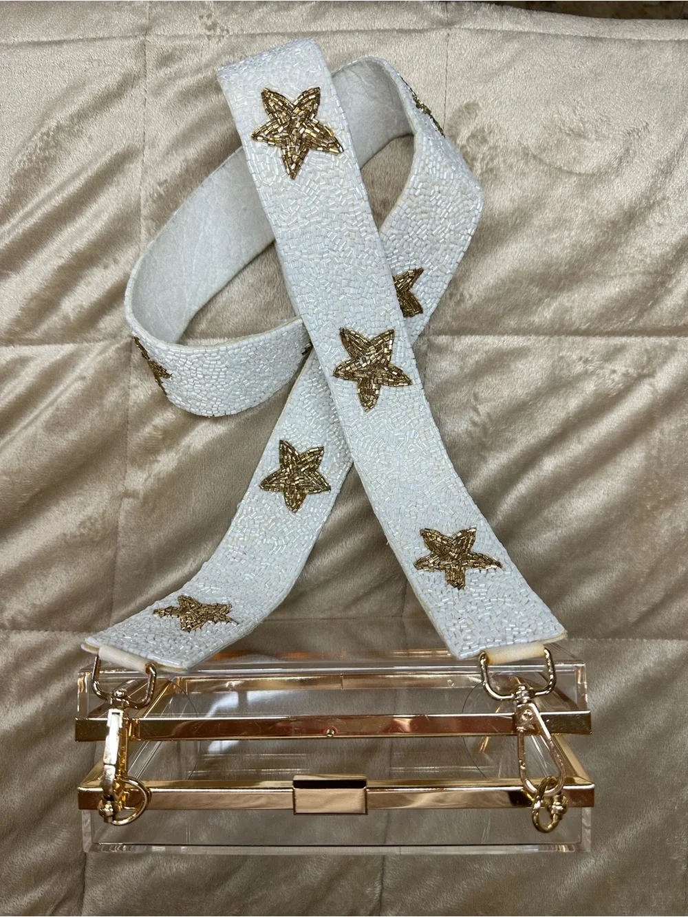Clear Acrylic purse with Gold Trim and White Star Strap